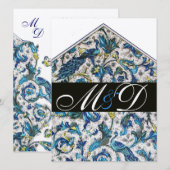 INVITATION MONOGRAMME FLORAL BLEU FLORENTINE ANTIQUE ÉLÉGANT (Devant / Derrière)