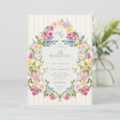 Invitation Monogramme floral bleu français Vintage Crest (Debout devant)