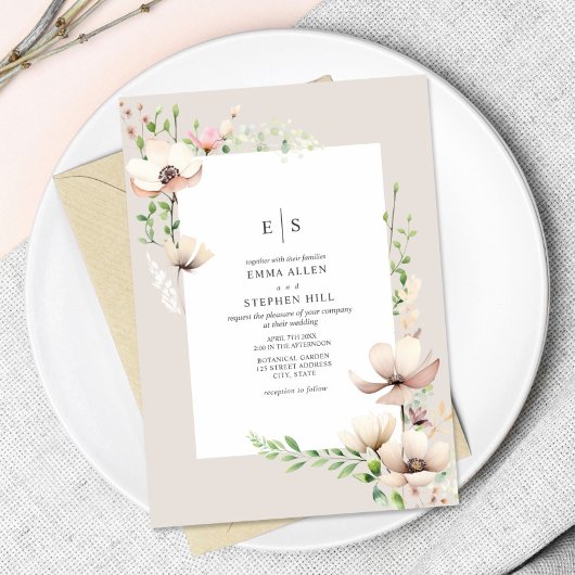 Invitation Monogramme Floral Blush off White Botanical Mariag