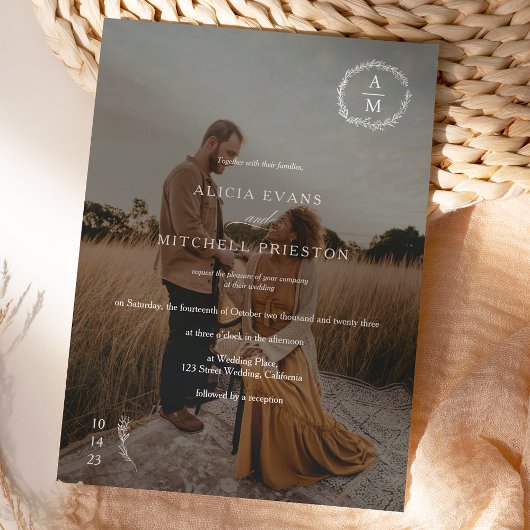 Invitation monogramme floral chic classique photo mariage bla