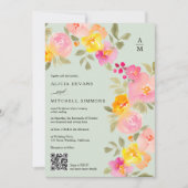 Invitation monogramme floral chic code Qr photo mariage vert (Devant)