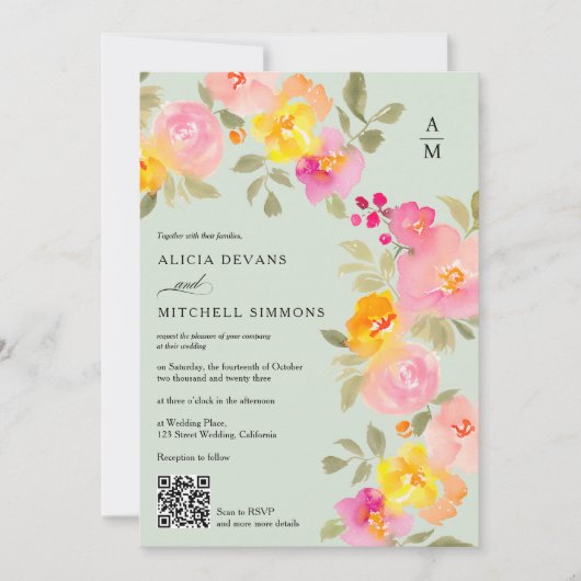 Invitation monogramme floral chic code Qr photo mariage vert (Devant)