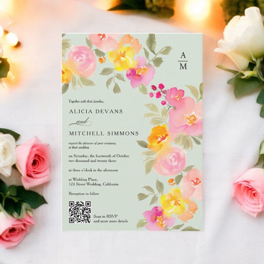 Invitation monogramme floral chic code Qr photo mariage vert