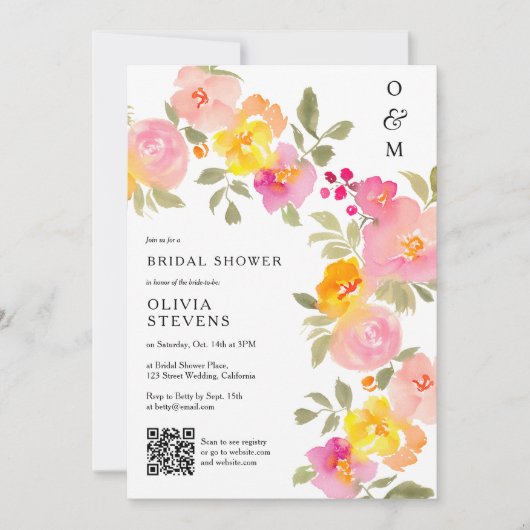 Invitation monogramme floral chic code Qr photo nuptiale douc (Devant)