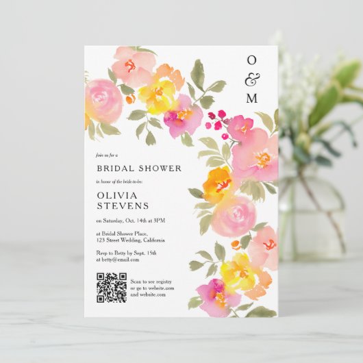 Invitation monogramme floral chic code Qr photo nuptiale douc (Debout devant)