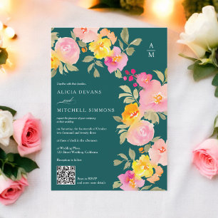 Invitation monogramme floral code Qr photo profond mariage tu