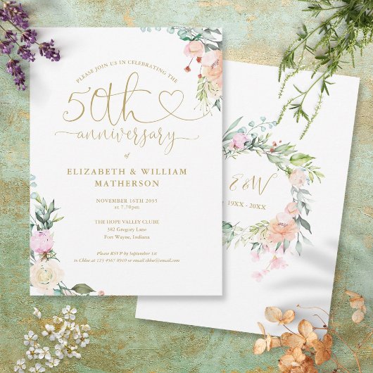 Invitation Monogramme floral cœur or 50e anniversaire