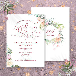 Invitation Monogramme floral cœur rubis 40e anniversaire