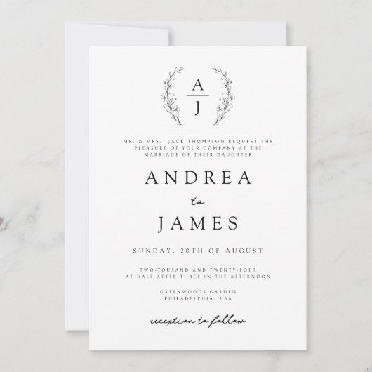 Invitation Monogramme Floral Crest noir blanc Mariage officie (Devant)