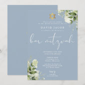 Invitation Monogramme floral de verdure Bar Mitzvah bleu (Devant / Derrière)