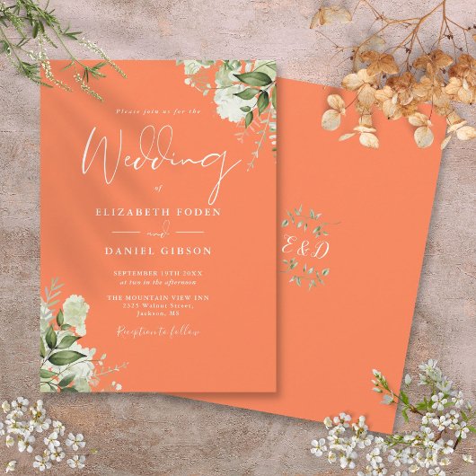 Invitation Monogramme floral de verdure corail de mariage