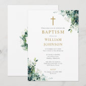 Invitation Monogramme Floral de Verdure d'Eucalyptus Baptême (Devant / Derrière)