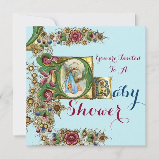 INVITATION MONOGRAMME FLORAL DU BABY SHOWER DE GARÇON BLEU GO (Devant)