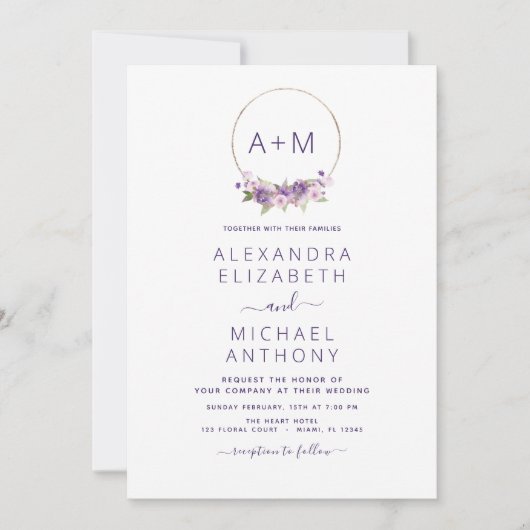 Invitation Monogramme Floral Dusty violet vert Mariage Invi (Devant)