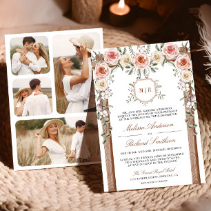 Invitation Monogramme floral en bois rustique Mariage à canop