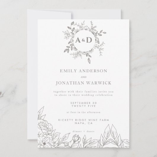 Invitation Monogramme floral gris minimaliste (Devant)