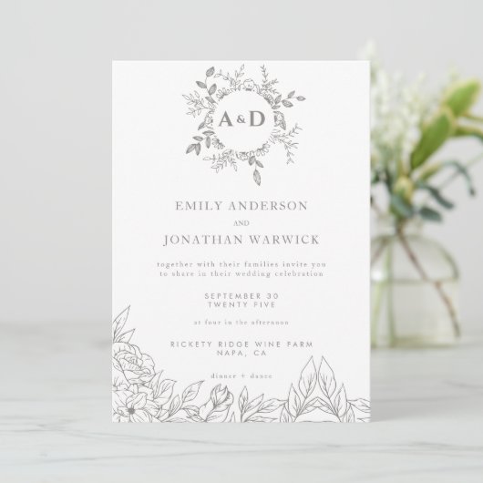 Invitation Monogramme floral gris minimaliste (Debout devant)