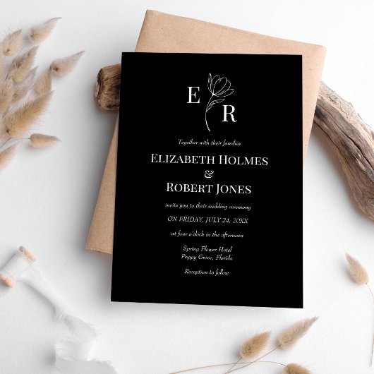 Invitation Monogramme Floral Noir Moderne de Mariage