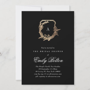 Invitation monogramme floral noir & or crête nuptiale douche