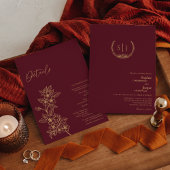 Invitation Monogramme Floral Or Bourgogne Tout en un Mariage