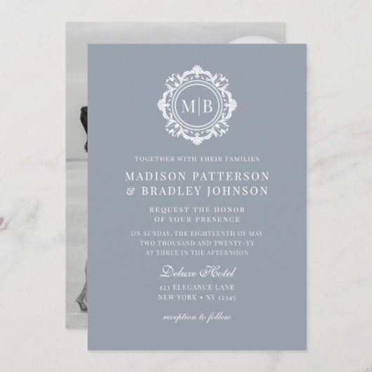 Invitation Monogramme Floral Orné Mariage Élégant Argent (Devant / Derrière)
