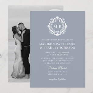 Invitation Monogramme Floral Orné Mariage Élégant Argent