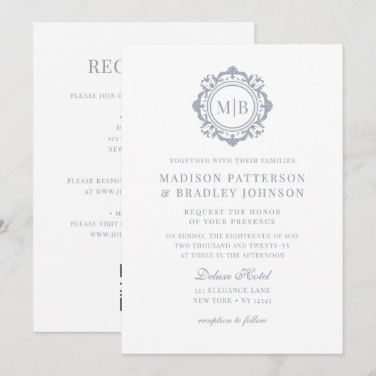 Invitation Monogramme Floral Orné Mariage Élégant Argent (Devant / Derrière)