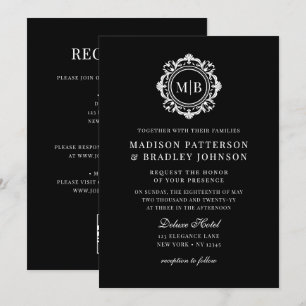 Invitation Monogramme Floral Orné Mariage Élégant noir blanc