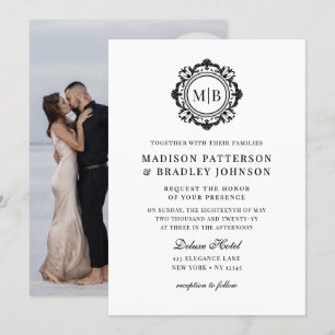 Invitation Monogramme Floral Orné Mariage Élégant noir blanc
