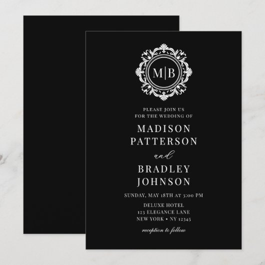 Invitation Monogramme Floral Orné Mariage Élégant noir blanc (Devant / Derrière)