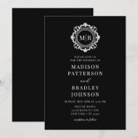 Monogramme Floral Orné Mariage Élégant noir blanc