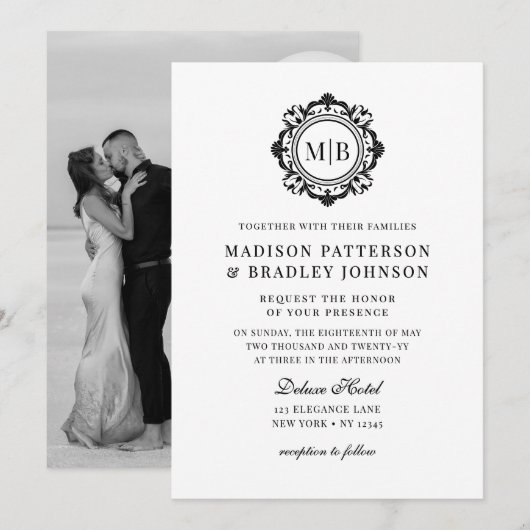 Invitation Monogramme Floral Orné Mariage Élégant noir blanc (Devant / Derrière)