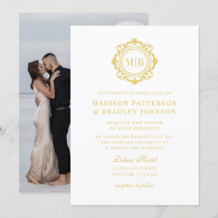 Invitation Monogramme Floral Orné Mariage Élégant Or Blanc