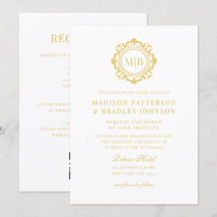 Invitation Monogramme floral orné Mariage or élégant