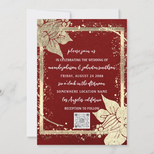 Invitation Monogramme Floral Photo Gold Frame QR Code Bourgog (Devant)