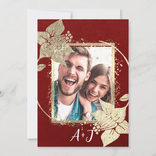 Invitation Monogramme Floral Photo Gold Frame QR Code Bourgog (Dos)