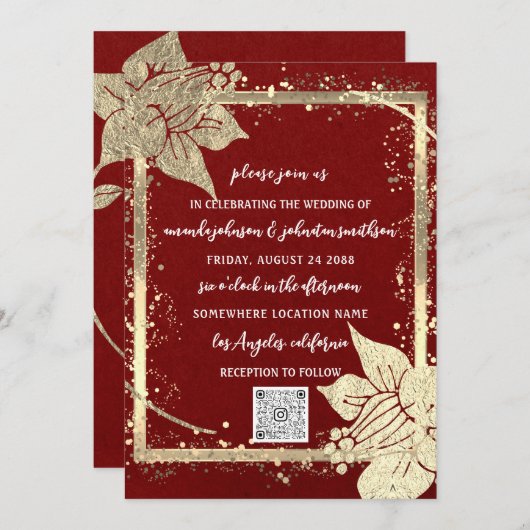 Invitation Monogramme Floral Photo Gold Frame QR Code Bourgog (Devant / Derrière)