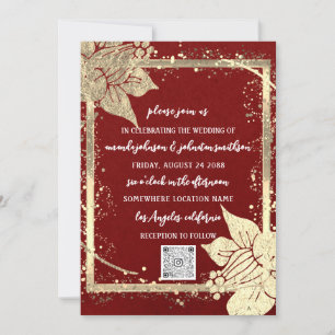 Invitation Monogramme Floral Photo Gold Frame QR Code Bourgog
