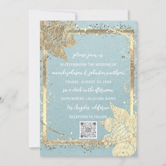 Invitation Monogramme Floral Photo Gold Frame QRCode Blue Kra (Devant)