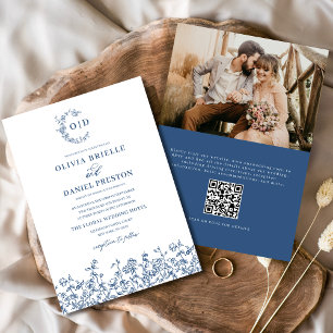 Invitation Monogramme floral Photo QR Code Marine Mariage ble