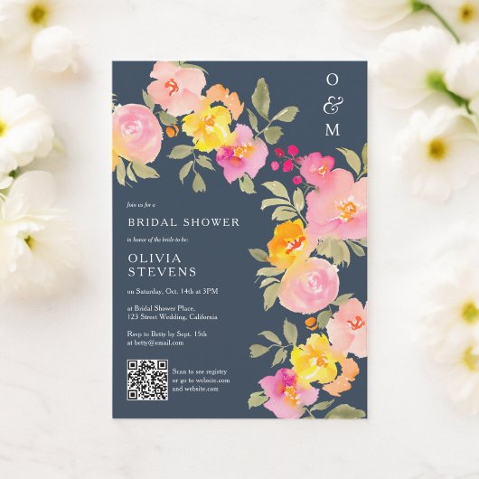 Invitation monogramme floral Qr code photo bleu nuptiale douc