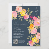 Invitation monogramme floral Qr code photo bleu nuptiale douc (Devant)