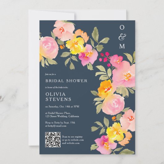 Invitation monogramme floral Qr code photo bleu nuptiale douc (Devant)