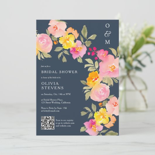 Invitation monogramme floral Qr code photo bleu nuptiale douc (Debout devant)