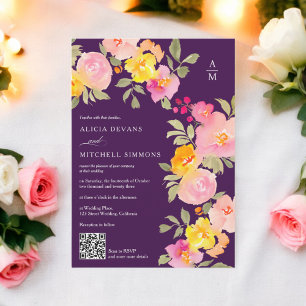 Invitation monogramme floral Qr code photo violet mariage