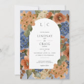 Invitation Monogramme Floral Rustique Bleu & Orange Brûlé (Devant)