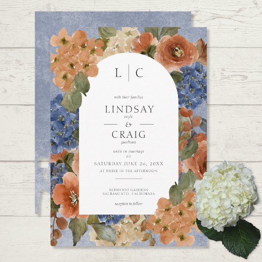 Invitation Monogramme Floral Rustique Bleu & Orange Brûlé