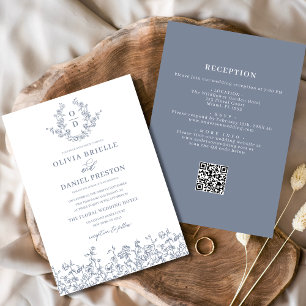 Invitation Monogramme floral tout en un Mariage bleu Dusty