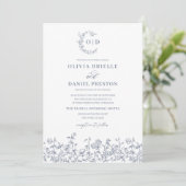 Invitation Monogramme floral tout en un Mariage bleu Dusty (Debout devant)