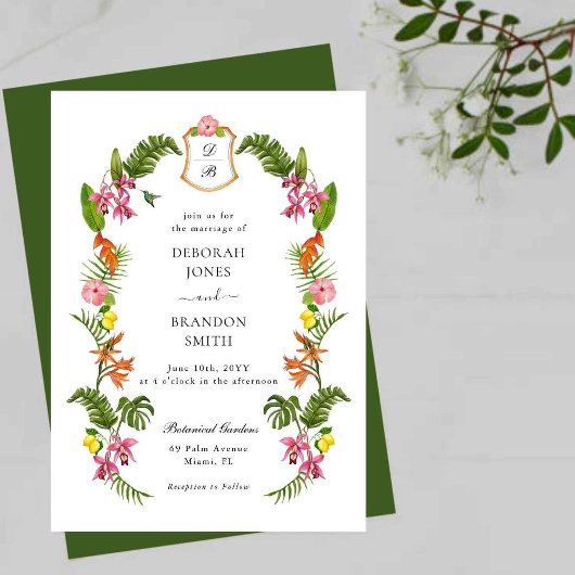 Invitation Monogramme Floral Tropical & Feuillage